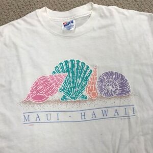 Vintage 1989 Maui Hawaii Seashell Puff Print T-Shirt Hanes Beefy-T White Large